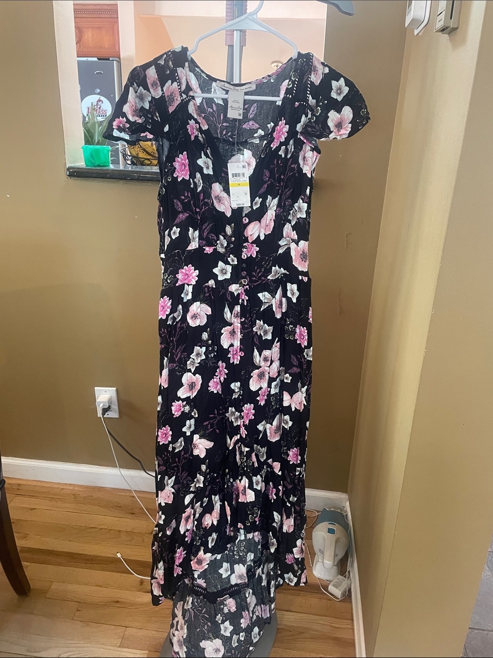 NWT American Rag Junior Black Floral Button-Front Maxi Dress, Boho Style, M